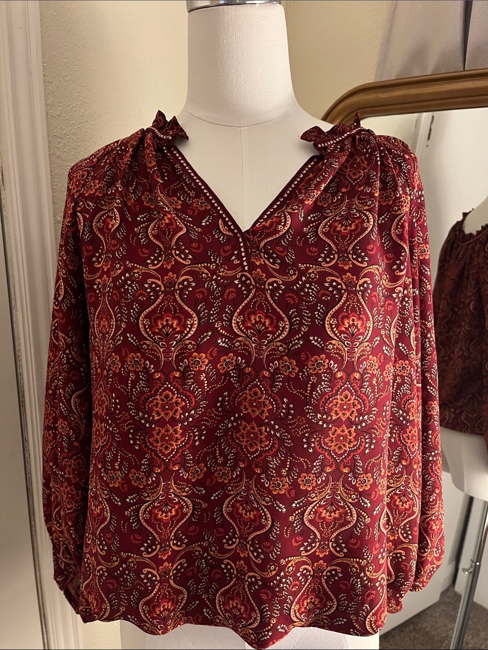 Max Studio Fall Burgundy Paisley Peasant Top